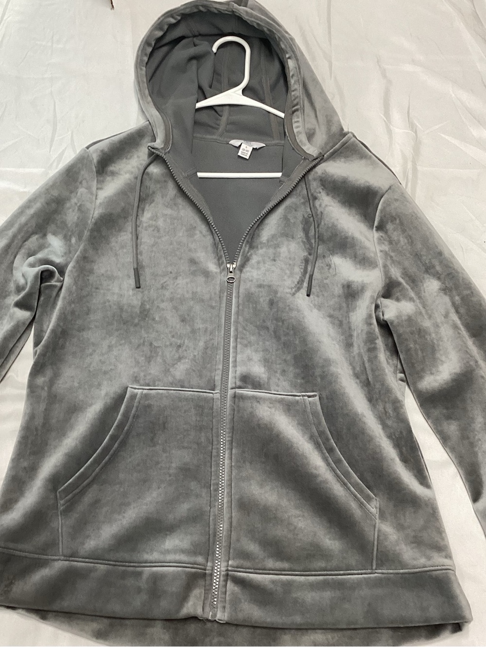 Time and Tru Gray Velvet Full-Zip Hooded Jacket